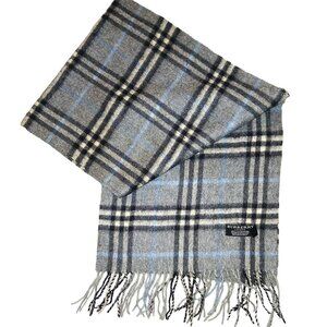 Vintage Burberry Light Gray & Light Blue Black Plaid Fall Winter Luxury Scarf